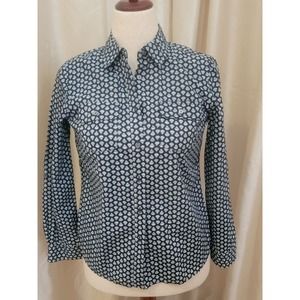 Talbots Petites Navy button up shirt with multicolored pattern size 8P.